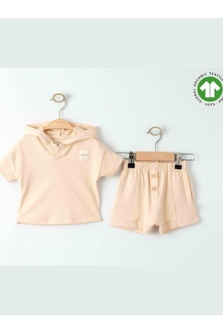 Zekids Bebek Organik Pamuklu Basic Kapüşonlu Tshirt Şortlu Takım-15908 Bej