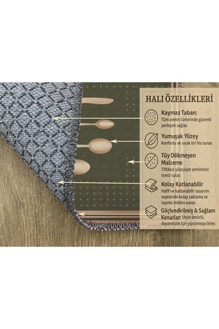 Turkıshrug Kıngdom Yeşil Ve Bej Detaylı Kitchen Yazılı Halı Mutfak İçin Şık Dekor Çok Renkli