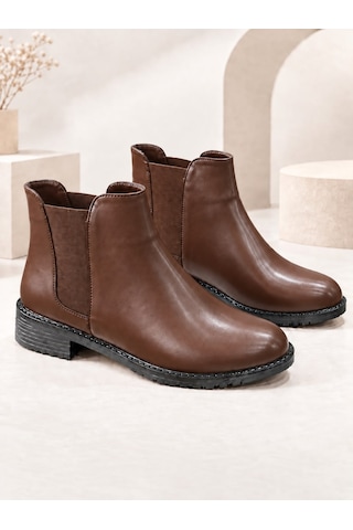 Dabab Shoes Maral Kadın Acı Kahve Cilt Yuvarlak Burun Lastik Detaylı 3 Cm Topuklu Kaymaz Taban Chelsea Bot Bootie Kahverengi