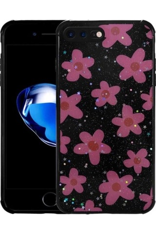 Apple Uyumlu iPhone 7 Plus Kılıf Simli Desenli Kamera Korumalı Parlak Zore Popy Kapak Çiçek