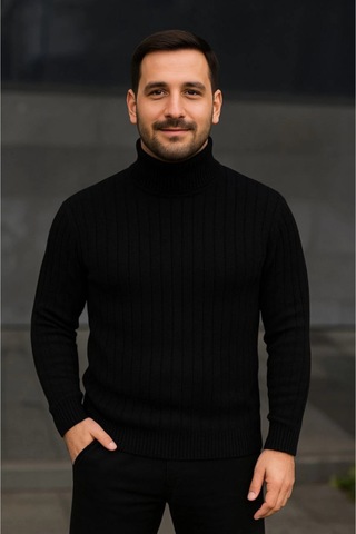 Butik İstanbul Erkek Balıkcı Yaka Bağazlı Triko Kazak Pamuklu Kalın Fitilli Dokuma, Regular Fit Uzun Kollu Kışlık Model - Siyah