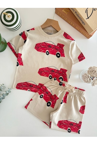 Magu Erkek Çocuk Pamuklu Kırmızı Araba Baskılı T-shirt Şort Takım Bej