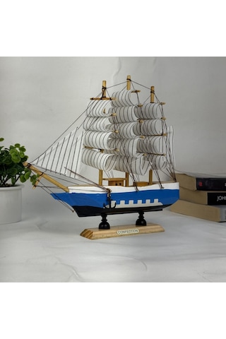 Ahşap El Yapımı Yelkenli Model Biblo, Dekoratif Masaüstü Gemi Maketi, Ev Ofis Dekoru, 24 Cm