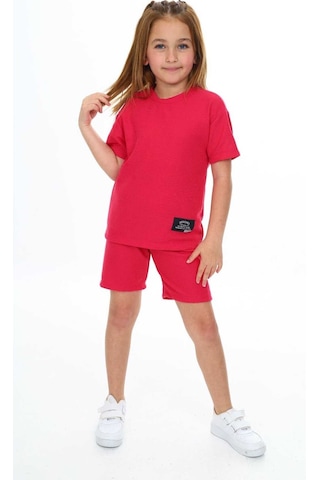 Bisiklet Yaka Şortlu Kız Çocuk Şortlu Takım Kırmızı