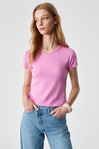 ETHIQUET MASROUTI Kadın Slim Kısa V Yaka Kısa Kol Pembe T-Shirt