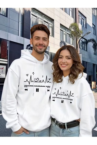 Nevermind Sevgili Çift Kombini Kalp Nabız Müzik Baskılı Kapüşonlu Sweatshir Beyaz