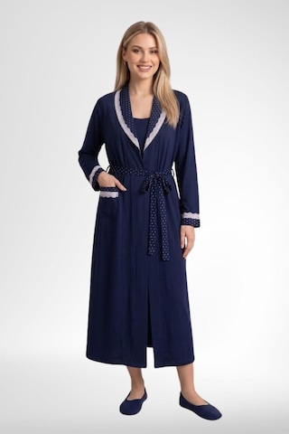 Mecit Pijama Mecit 6390 Lacivert Kadın Pamuklu Büyük Beden Uzun Sabahlık