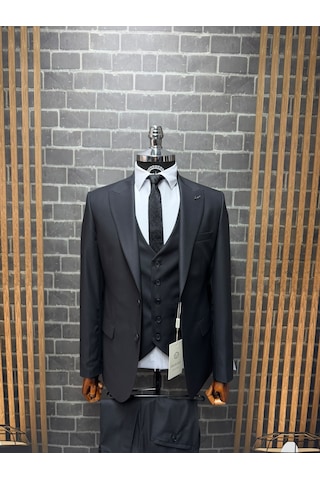 Dupont Classics Erkek Slim Fit 6 Drop Sivri Yaka Yelekli Poliviskon Çift Yırtmaç Takım Elbise Siyah