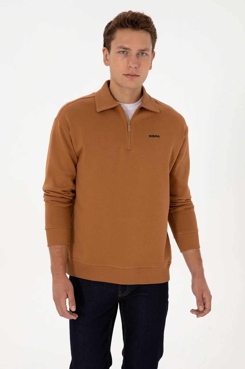 U.S. Polo Assn. Erkek Regular Fit Yarım Fermuarlı Şardonlu Camel Basic Sweatshirt 50313783-VR233