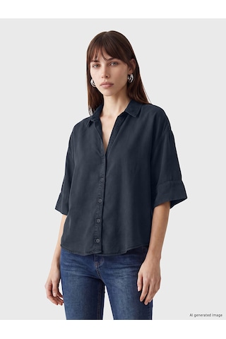 Lcw Vision Lacivert Oversize Kadın Jean Gömlek