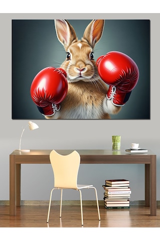 Kırmızı Boks Eldivenli Tavşan İllüstrasyonu Dekoratif Kanvas - Mdf Ahşap Tablo