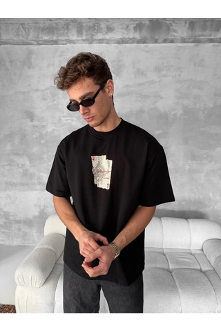 Barlashive Erkek Tişört Kısa Kol Ön Ve Arka Baskılı Oversize Bisiklet Yaka T-shirt - Siyah Çok Renkli