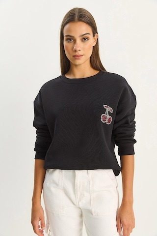 Shade Kadın Bisiklet Yaka Kiraz Taş İşlemeli Üç İplik Şardonlu Sweatshirt 60601047 - Siyah