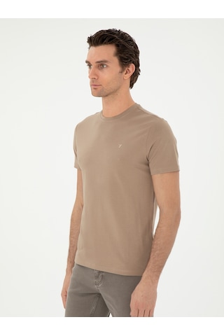 Vizon Slim Fit Bisiklet Yaka Merserize Basic T-shirt Kahverengi