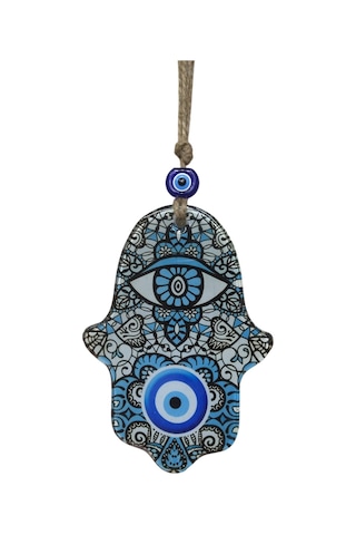 Dantel Motifli Cam Hamsa Eli Duvar Dekoru - Nazar Boncuklu Jüt İpli Süs 10x15 Cm