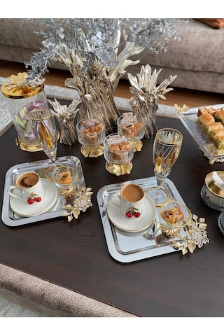 Atabey Home Collection 6'lı Kahve & Çay & Sunum Tepsisi Çelik Gümüş Tepsi Lüx Taşli Model