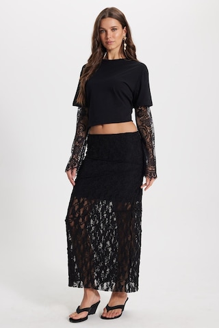 Tudors Kadın Slim Fit Dar Kesim Lastikli Yüksek Bel Dantelli Siyah Etek -50498