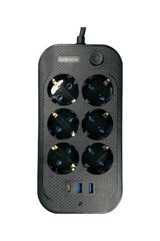Techmaster 2 Usb + Type-C Akım ve Çocuk Korumalı 6lı Priz 2mt