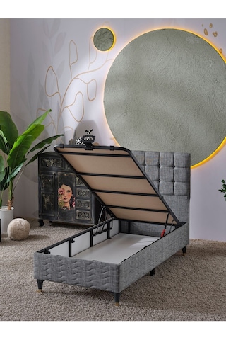 Beehanem Bengü Tek Kişilik 3lü Set Yatak+baza+başlık Keten Gri 120 X 200
