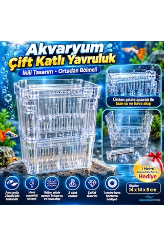 Akvaryum Çift Katlı Yavruluk - İkili Hazne - Hava Asansörlü - Şelale Filtreli - 14x14x8 Cm - Balıklar İçin Güvenli