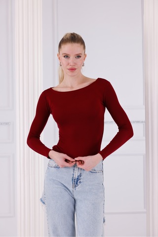 Buzzy Kumaş Uzun Kollu Kayık Yaka Bluz Bordo