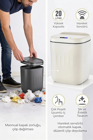 20 Litre Hareket Sensörlü Akıllı Çöp Kovası Beyaz Belirtilmemiş