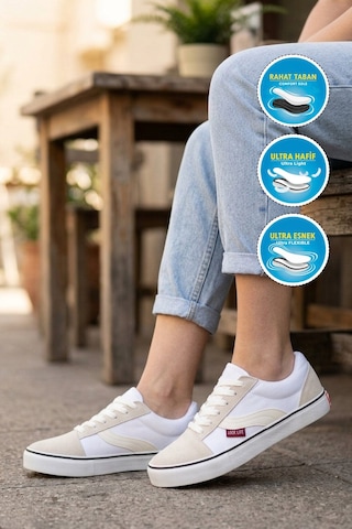 Walkway Beyaz Dar Kalıp Nefes Alan Bağcıklı Keten Erkek Spor Ayakkabı Sneaker 1002 G