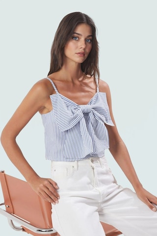 Ersefa Rahat Yazlık Çizgili Crop Bluz Fiyonklu Dokuma Kumaş Uzun Ömürlü Mavi