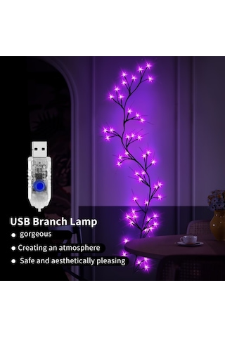 Dekoratif Led Ağaç Dalı Işık - Mor Işıklı Duvar Dekoru Ortam Aydınlatması 36 Led Mor Işık