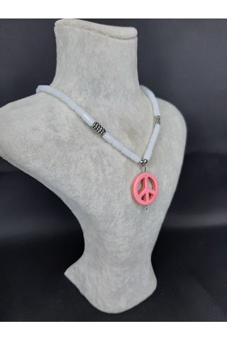 Mryart Doğal Taş Boncuklu Pembe Barış Sembollü Kolye Unisex Bohem Tarz Aksesuar 001 - Beyaz