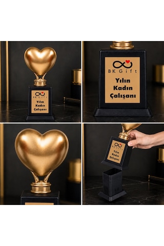 Logonuza Özel 5 Adet Mesajlı Gold Renk Kalpli Gizli Bölmeli Kurumsal Ödül Kupası Seti