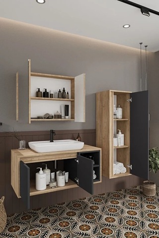 Lale 100 Cm %100 Mdf Lavabolu Banyo Dolabı + Aynalı Dolap + Boy Dolabı Antrasit