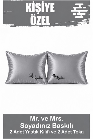 Kişiye Özel Baskılı Saten Yastık Kılıfı 2 Adet 50x70cm 2 Adet Hediye Saten Tokalı Gri