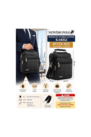 Newish Polo Postacı El Ve Omuz Çantası Kareli Suni Kasasız Büyük Siyah