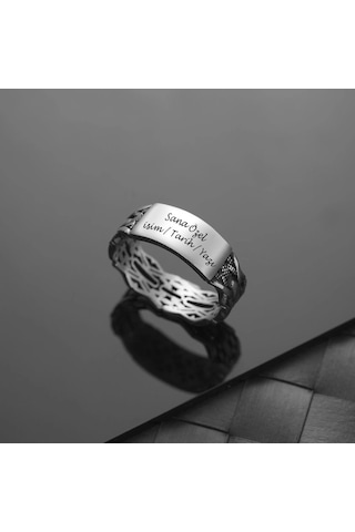 İpek Silver 925 Ayar Gümüş Motifli Üstü Kişiselleştirilebilir Erkek Yüzüğü Çok Renkli