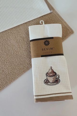 2 Li Mutfak Havlusu Bej Renk Kapuçino Fincanı Nakışlı Bej