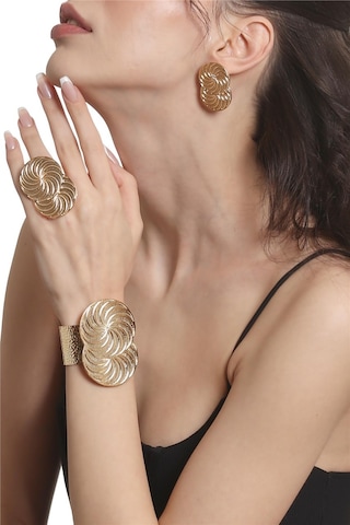 Kadın Lak Altın Renk Kaplama Spiral Baskılı Tasarım Küpe &yüzük &bilekik Set Altın