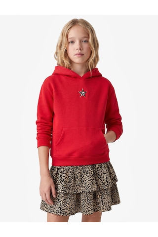 Koton Yıldız Baskılı Uzun Kollu Şardonlu Kanguru Cepli Kapşonlu Sweatshirt Kırmızı 7wkg10048ak