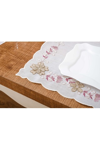 Finezza Linda Nakışlı Keten Efekt Kumaş Krem Pembe A.Servis 33x45cm 4 Ad.-1399 Krem