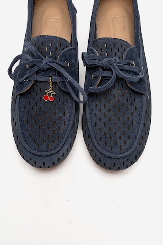 Luvishoes Stevo Kot Mavi Süet Hakiki Deri Delikli Bağcıklı Kadın Loafer Ayakkabı