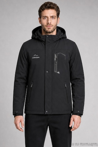 Freemen Erkek Kapüşonlu İçi Kürklü Su Ve Rüzgar Geçirmez Outdoor Softshell Mont-414 Siyah