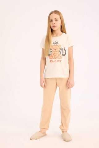 DeFacto Kız Çocuk Pijama Takımı Baskılı Kısa Kollu Üst Beli Lastikli Uzun Alt E0543A825SMER85 Ekru