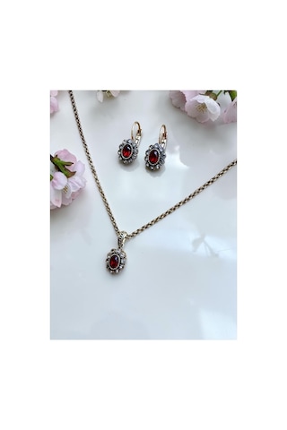 Kristal Taşlı Oval Kolye Ve Küpe Seti Kırmızı
