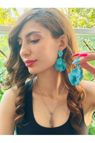 Yaprak Tasarım Kadın Küpe 7 Cm Mavi