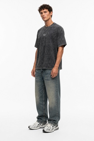 Respire Erkek Nakış Detaylı Yıkamalı Oversize T-shirt Siyah