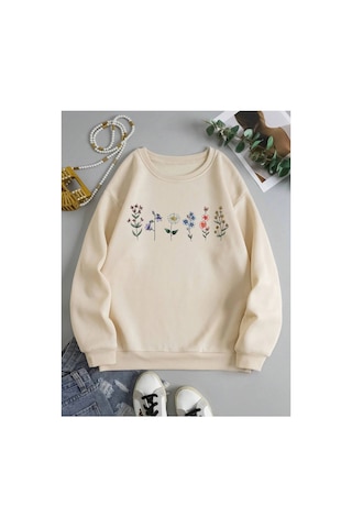 Tarzsokak Çiçek Desenli Termal Astarlı Sweat Bej