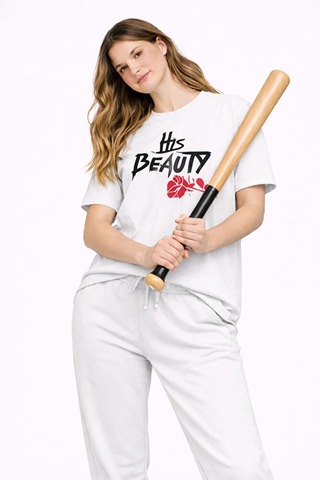 Sevgili Kombini Her Beast His Beauty Oversize Çift Tişört Unisex Beyaz