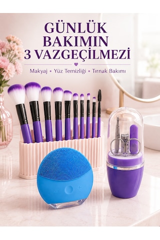 3 Lü - 723 - Güzellik Ve Bakım Seti 12 Li Mor Makyaj Fırçası Silikon Yüz Temizleme Cihazı Ve - Spt-gld - Manikür Tırnak