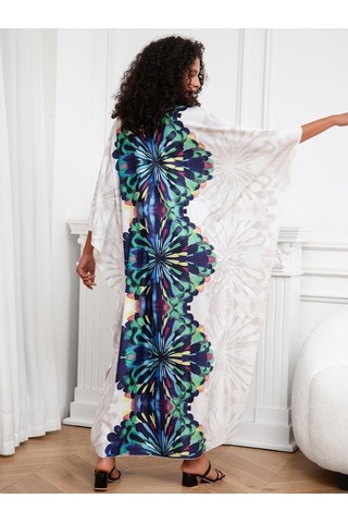 Edolynsa Beyaz Bohem Sabahlık Kaftan Ev Elbisesi Büyük Beden Ev Giyimi Nefes Alabilen Yazlık Hafif Ceket Mayo Üstü Q1289 Çok Renkli