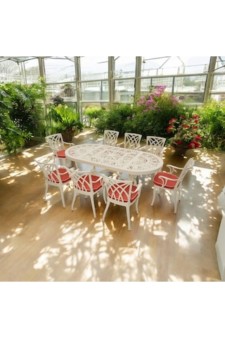 Line 8 Kişilik Döküm Bahçe Masa Takımı Rehome Beyaz